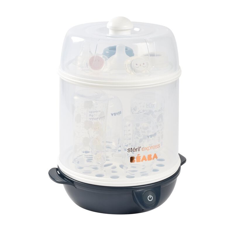 Beaba parní sterilizátor 2v1 — boční pohled s lahvemi