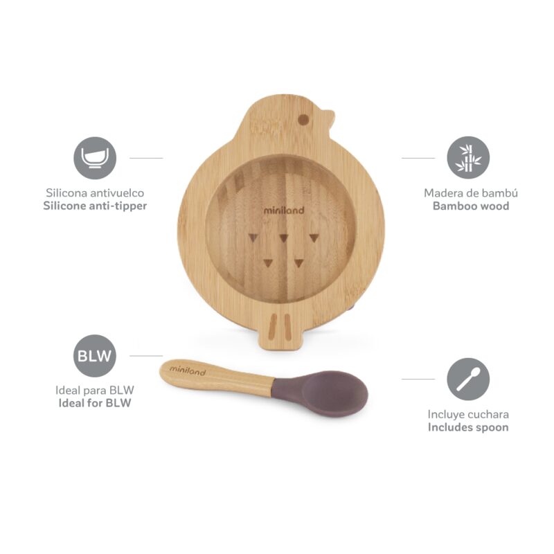 Miniland Wooden Bowl Chick — bowl and silicone-tip spoon