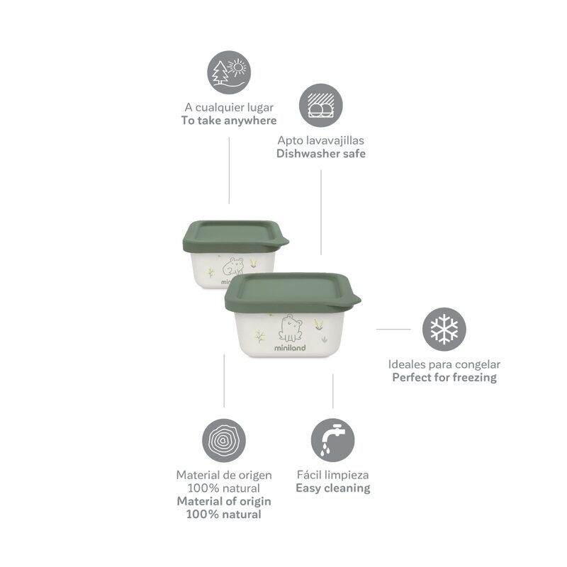 Miniland ECO-friendly 2x400ml Frog — silicone lids and details
