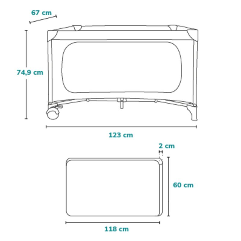 Lionelo Jasmin Easy Fold — rozměry postýlky 123 x 67 x 74,9 cm a matrace 118 x 60 x 2 cm