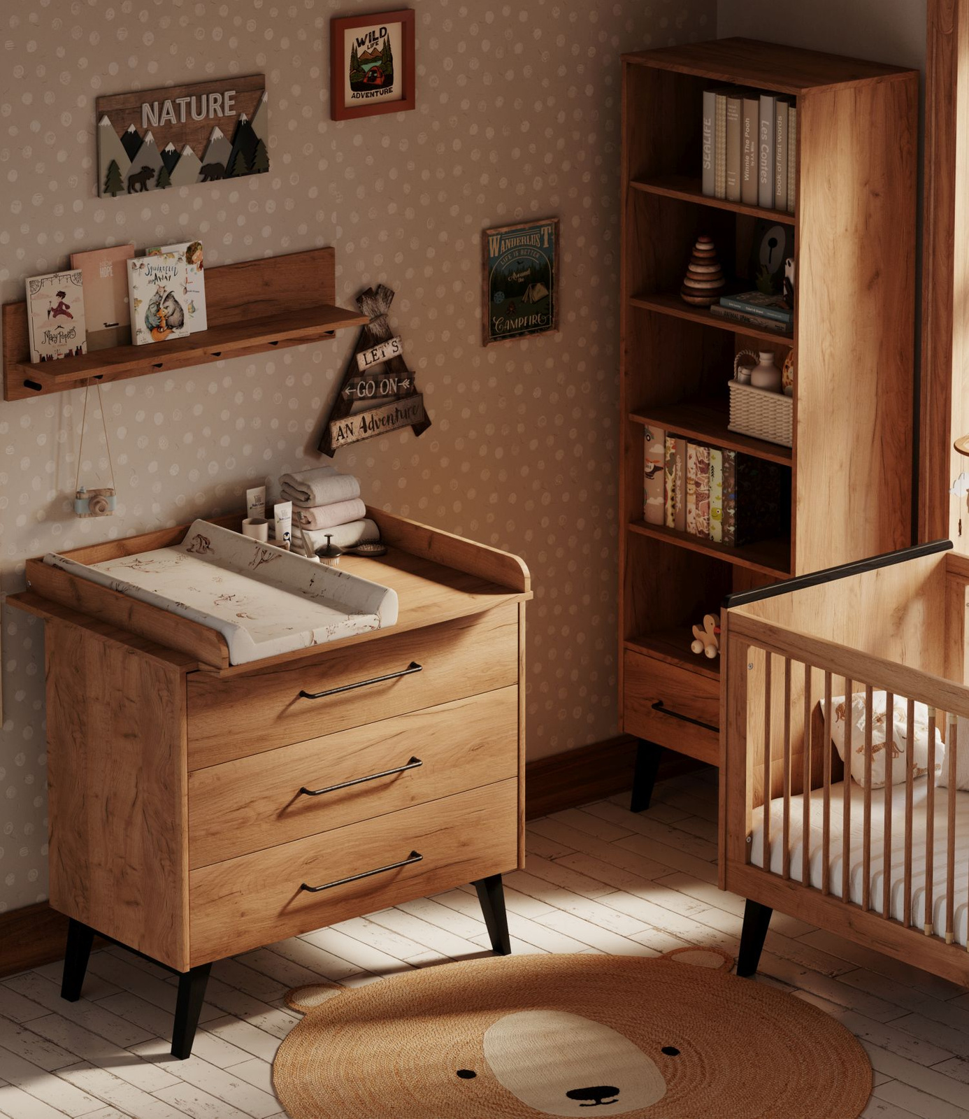 Pinio Retro tall bookcase in Oak finish for nursery