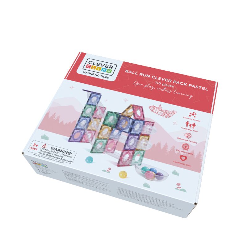 Díly sady Cleverclixx Ball Run Clever Pack Pastel — trubky, zatáčky, vlny, magnetické čtverce a kuličky