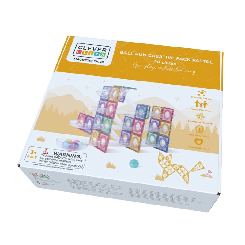 Díly sady Cleverclixx Ball Run Creative Pack Pastel — trubky, zatáčky, vlny, magnetické čtverce a kuličky