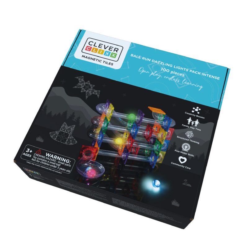 Díly sady Cleverclixx Ball Run Dazzling Lights Pack Intense — trubky, zatáčky, vlny, magnetické čtverce a svítící LED kuličky