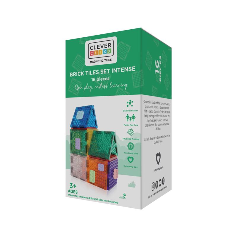 Cleverclixx Brick Tiles Pack Intense — 16 barevných magnetických kostek kompatibilních s Lego a Duplo