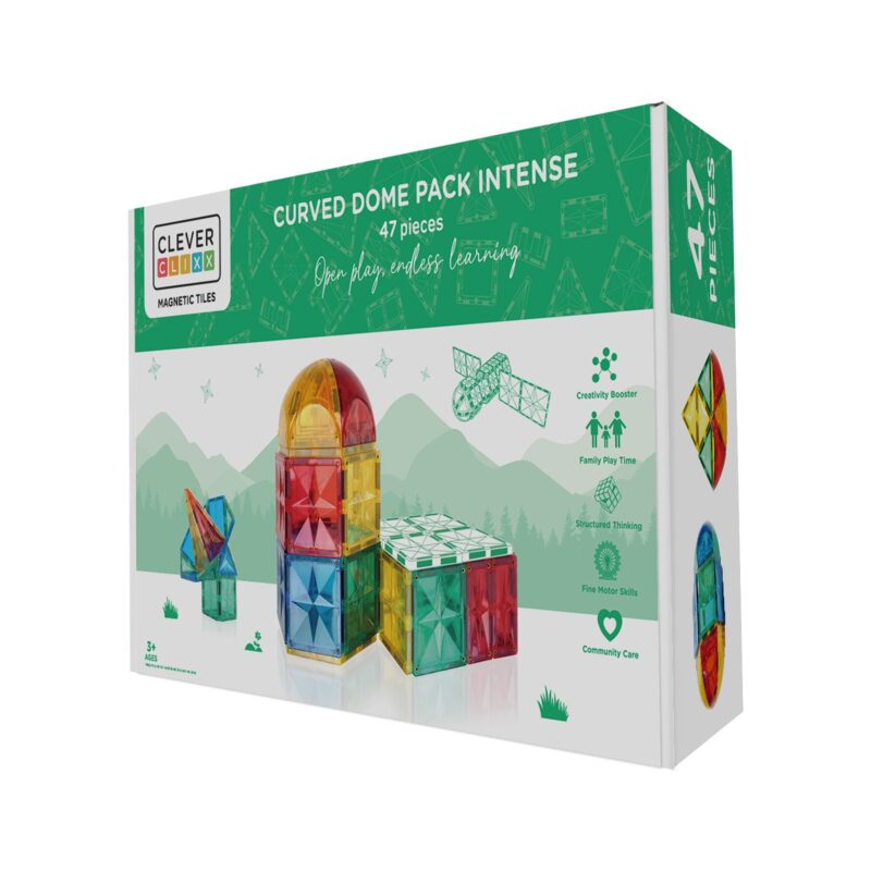 Cleverclixx Curved Dome Pack Intense — 47 barevných magnetických kostek se zakřivenými trojúhelníky