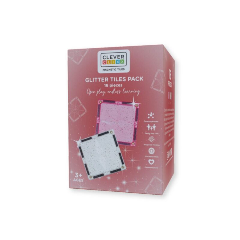 Cleverclixx Glitter Tiles Pack — 16 třpytivých průhledných růžových magnetických kostek