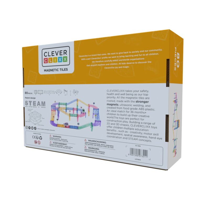 Cleverclixx Large Race Track Pastel — 80 dílů závodní dráhy: rampy, zatáčky, dopravní značky, pilíře a 2 autíčka