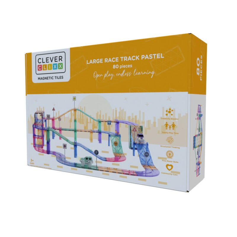 Magnetická závodní dráha Cleverclixx Large Race Track Pastel 80 ks — pastelová konstrukce s rampami, zatáčkami a dvěma autíčky