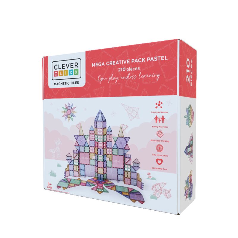 Cleverclixx Mega Creative Pack Pastel — 210 pastelových magnetických kostek rozložených