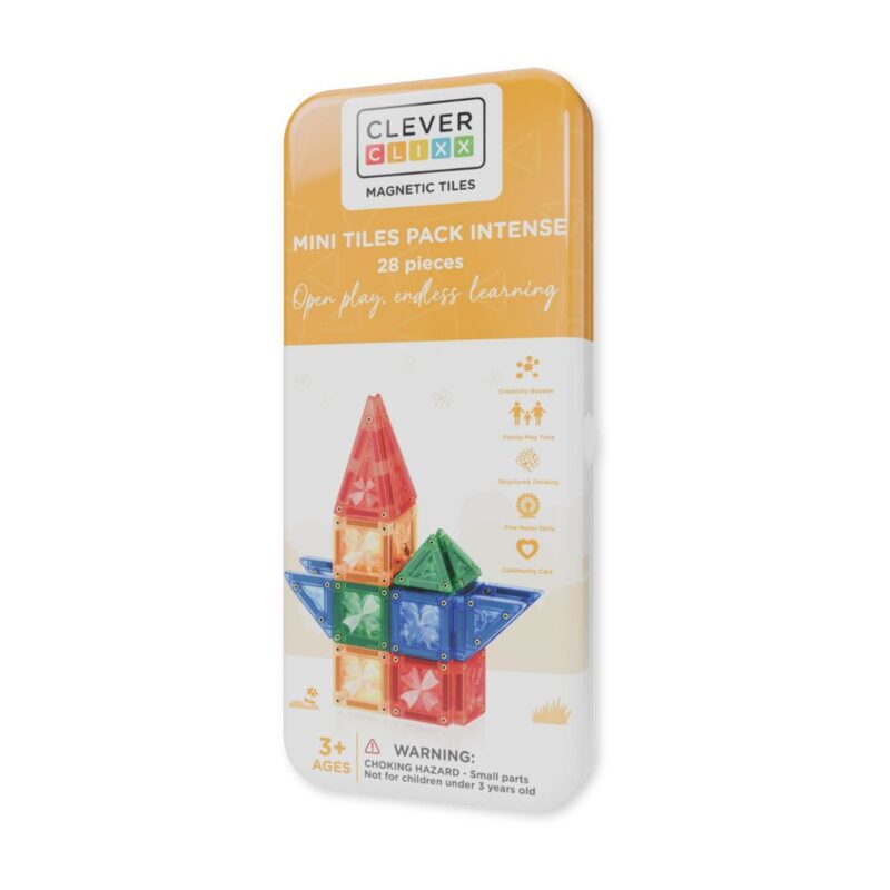 Cleverclixx Mini Tiles Pack Intense — 28 miniaturních magnetických kostek v kovové plechovce