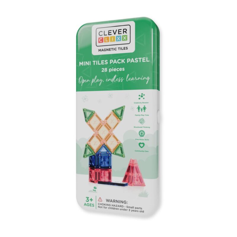 Cleverclixx Mini Tiles Pack Pastel — 28 miniaturních pastelových magnetických kostek v kovové plechovce