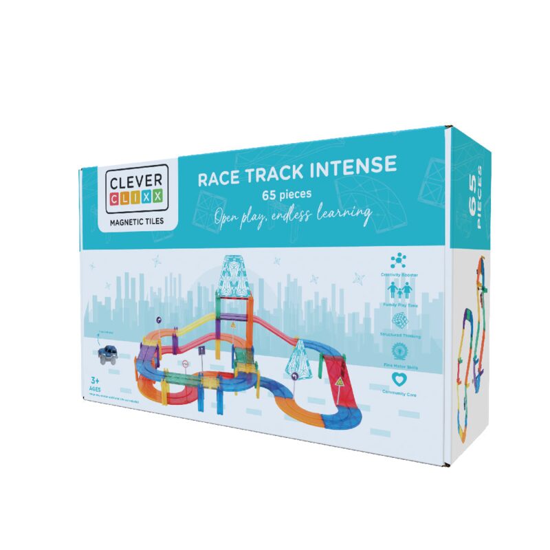Magnetická závodní dráha Cleverclixx Race Track Intense 65 ks — barevná konstrukce s rampami, zatáčkami a autíčkem