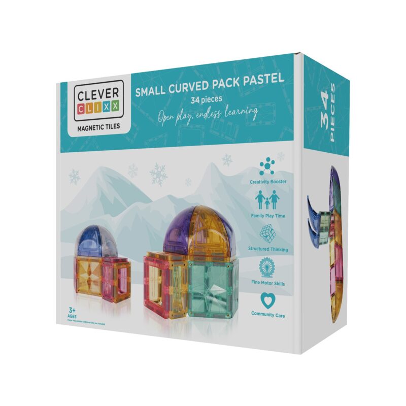 Cleverclixx Small Curved Pack Pastel — 34 pastelových magnetických kostek se zakřivenými trojúhelníky