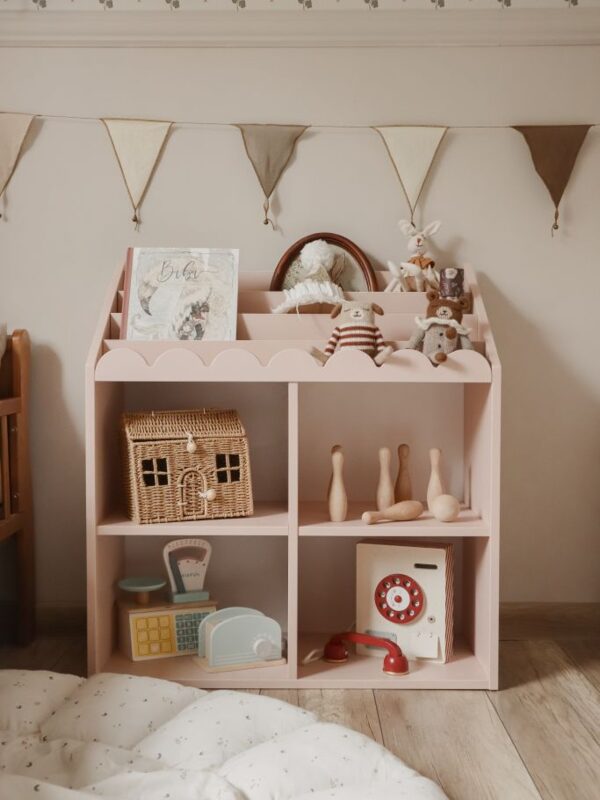 Bellamy BooK NooK bookshelf Vintage Rose — nursery arrangement with toys and books