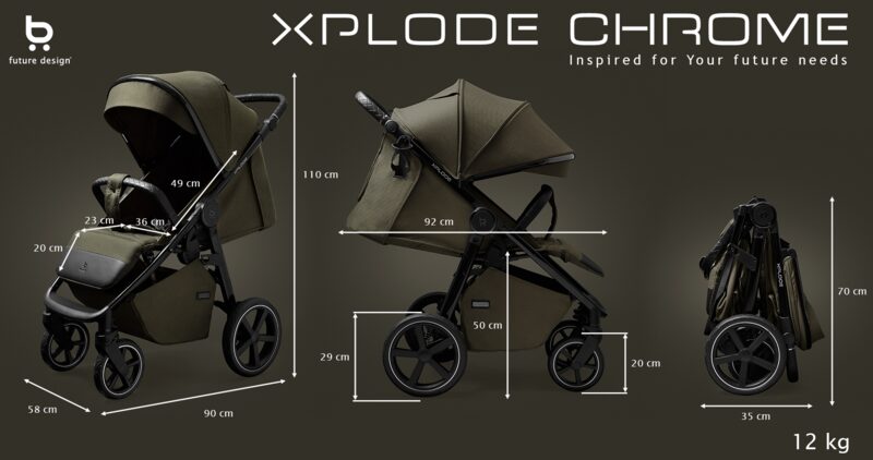 Schemat wymiarów wózka spacerowego Future Design Xplode Chrome – rozłożony i złożony