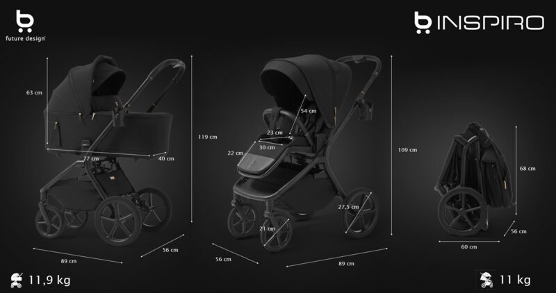 Rozměry kočárku 2v1 Future Design Inspiro &mdash; schéma s korbou, sportovní verzí a po složení
