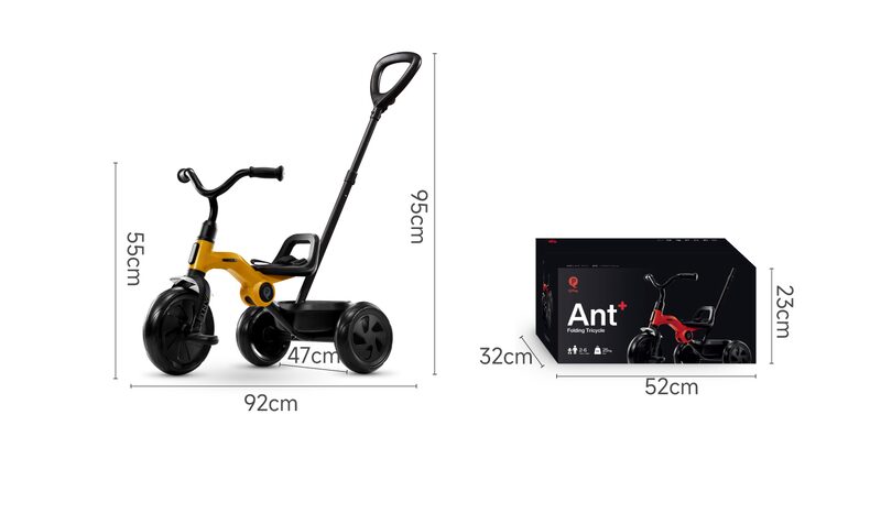 QPlay Ant Plus — rozměry tříkolky 92 x 47 x 95 cm a balení 52 x 23 x 32 cm