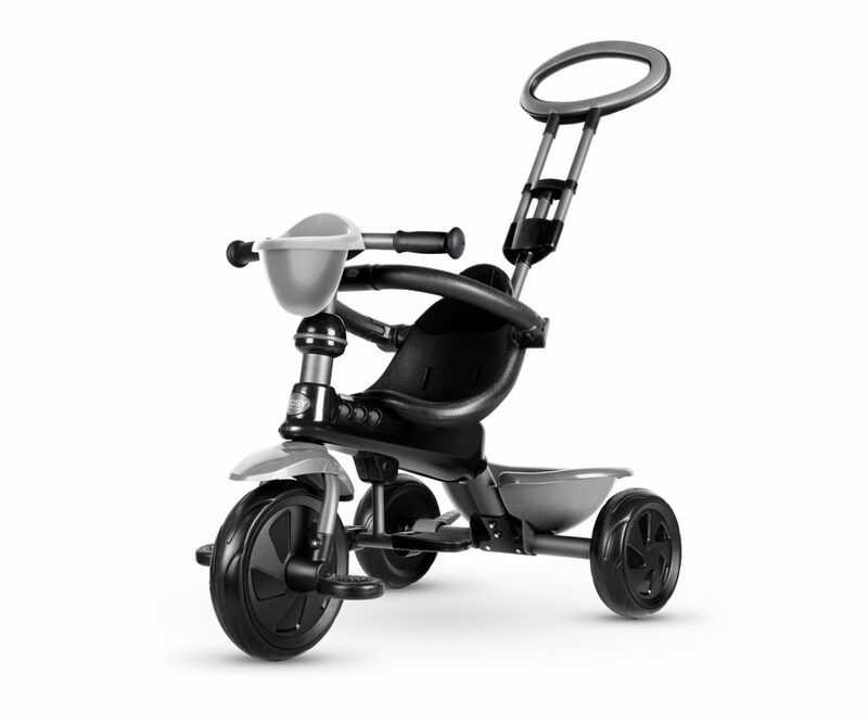 QPlay Cosy Grey — view without canopy showing safety bar and parent handle