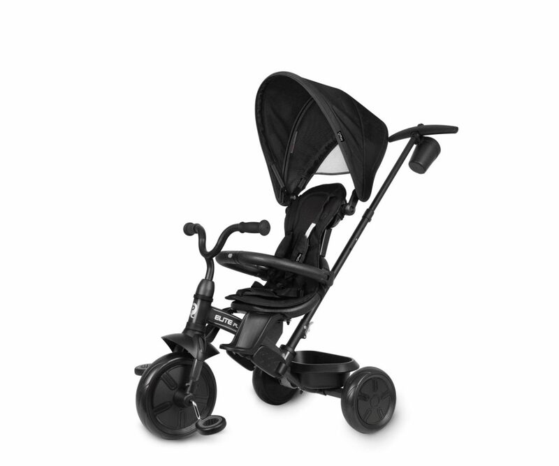 QPlay Elite Platinum Black — tříkolka z stříškou i vodicí tyčí dla rodiča