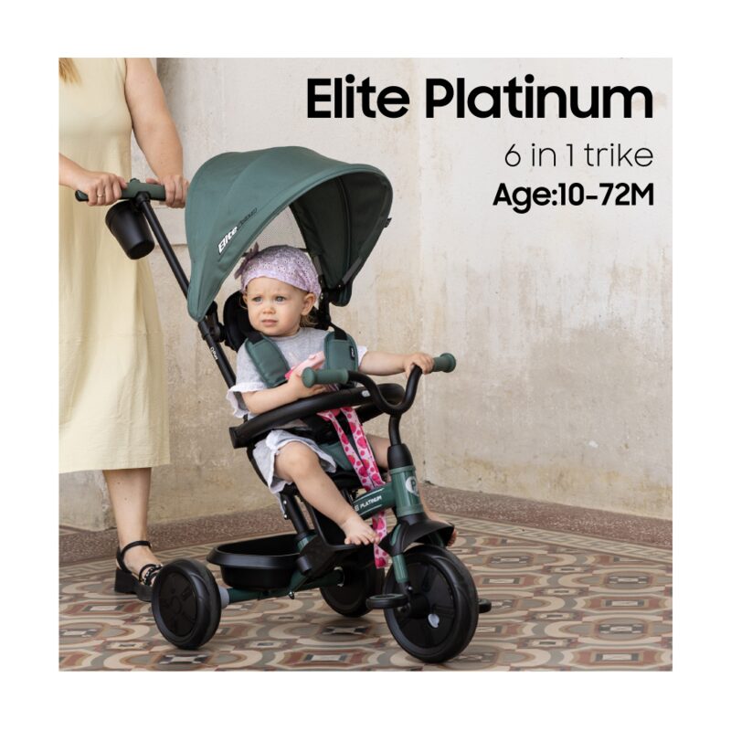 QPlay Elite Platinum Green — tříkolka s stříškou a rukojetí prowadzony przez rodzica