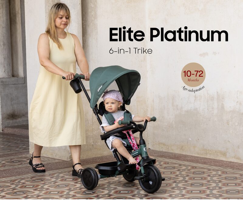 QPlay Elite Platinum Grey — tříkolka z stříškou i vodicí tyčí prowadzony przez rodiča