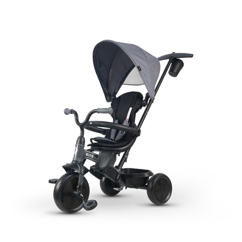 QPlay Elite Platinum Grey — 6-in-1 tricycle with canopy and parent handle
