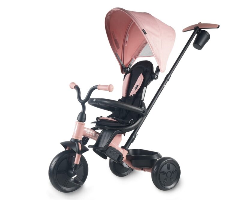 QPlay Elite Platinum Pink — tříkolka z stříškou i vodicí tyčí dla rodiča