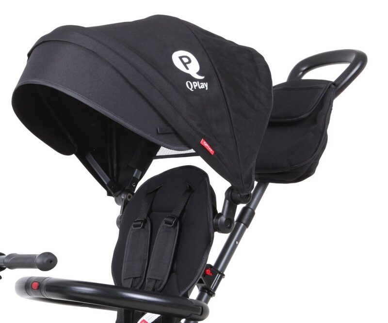 QPlay Rito Plus Black — canopy with mesh window, 5-point safety harness