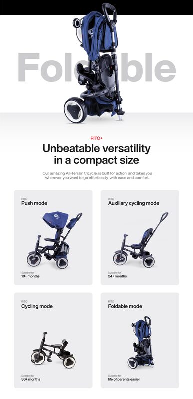 QPlay Rito Plus — 4 tryby użytkowania: Push mode od 10 mies., Auxiliary cycling od 24 mies., Cycling mode od 36 mies., Foldable mode