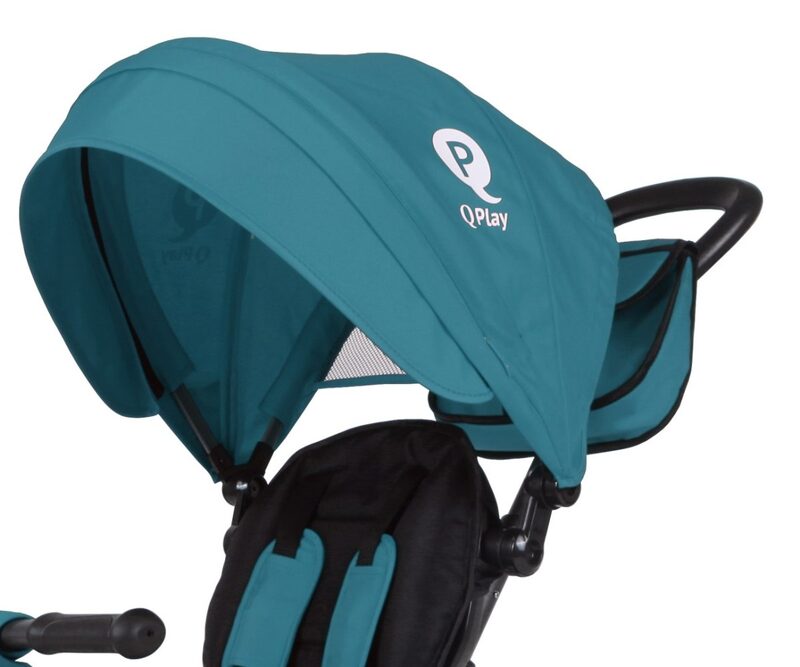 QPlay Rito Plus Green — canopy with mesh window, 5-point safety harness