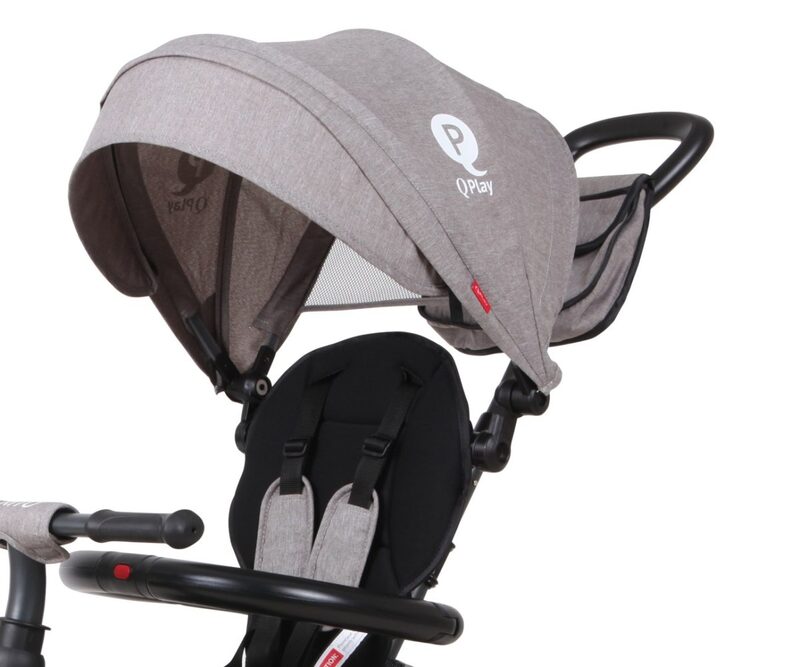 QPlay Rito Plus Grey — canopy with mesh window, 5-point safety harness