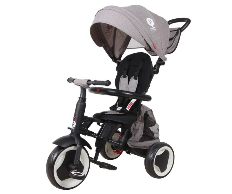 QPlay Rito Plus Grey — foldable tricycle with canopy and parent handle