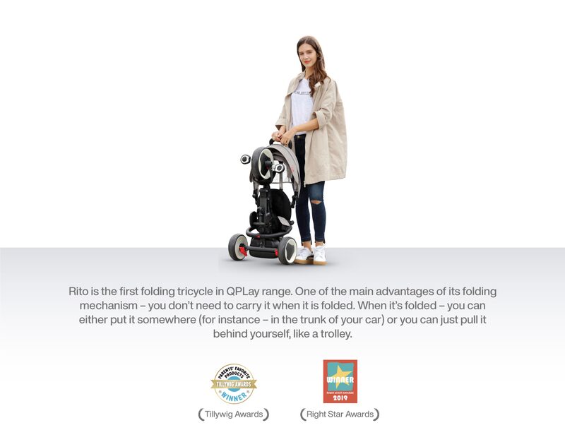 QPlay Rito Plus — folded trike pulled like a suitcase, Tillywig Awards and Right Start Awards winner