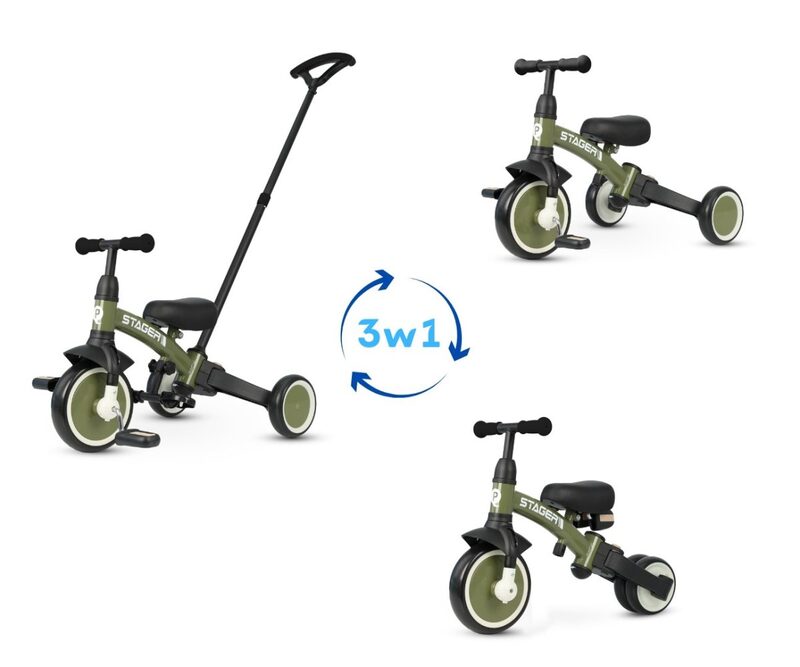 QPlay Stager 3w1 - trzy tryby: trójkołowy z rączka, trójkołowy samodzielny, biegowka