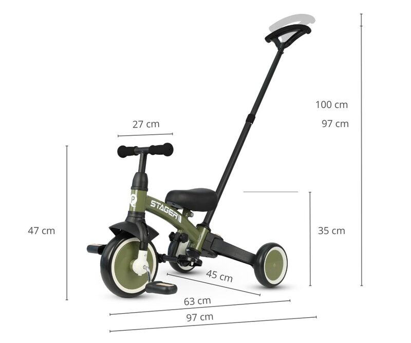 QPlay Stager wymiary - 97 cm z rączka, 63 cm trójkołowy, 45 cm szerokość