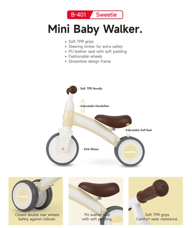 QPlay Sweetie B-401 - construction details: adjustable handlebar, adjustable seat, enclosed double rear wheels