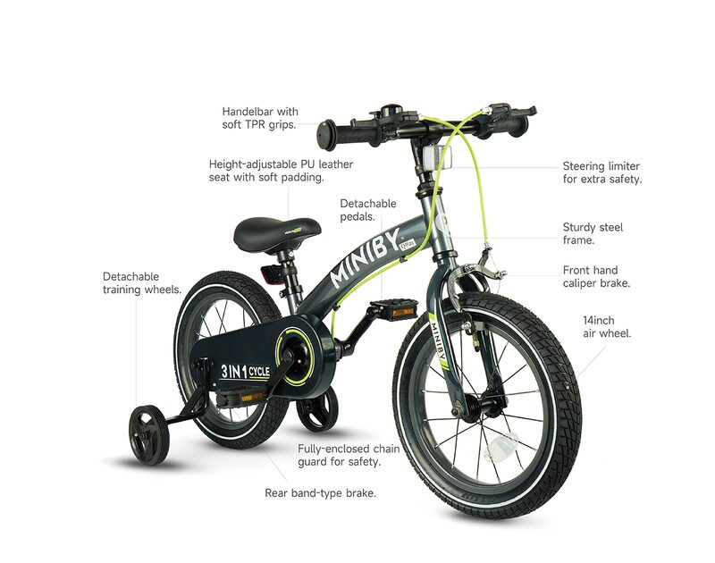 Children riding QPlay Miniby 14 in balance and pedal modes