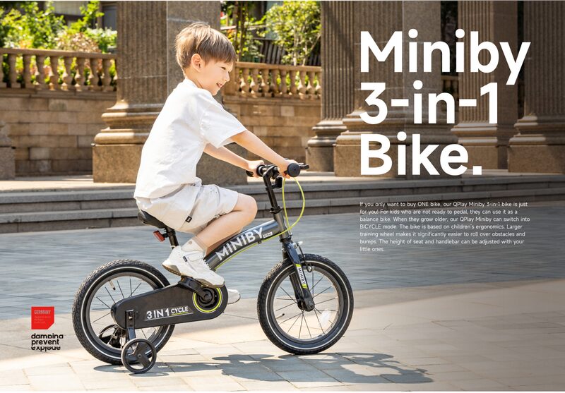 QPlay Miniby 14 Grey - system 3 w 1: rowerek biegowy, z pedałami i stabilizatorami, samodzielny rower