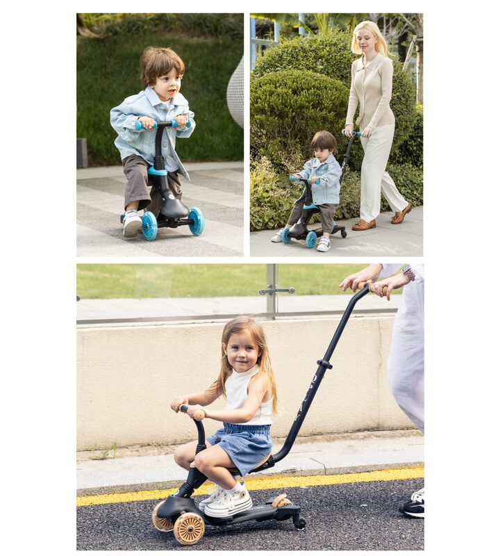 QPlay Sema Evo 3-in-1 - child on scooter with mum on a walk