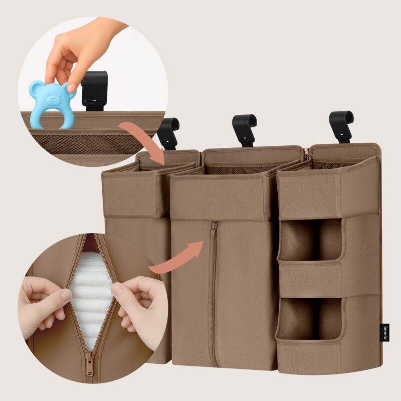 Lionelo Sidepocket Large — close-up of mesh pocket and zip compartment for nappies