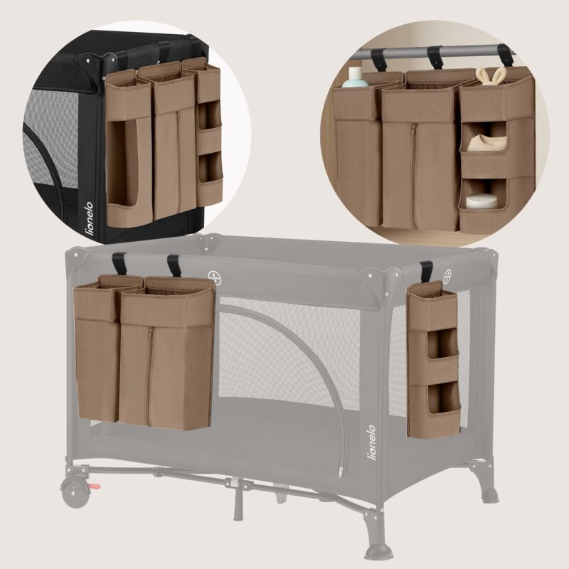 Lionelo Sidepocket Large mounted on a travel cot — view from two sides
