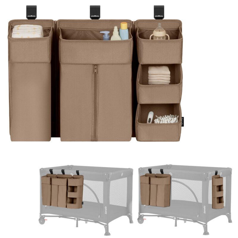 Lionelo Sidepocket Large cot organiser — overview of three modules with contents mounted on cot