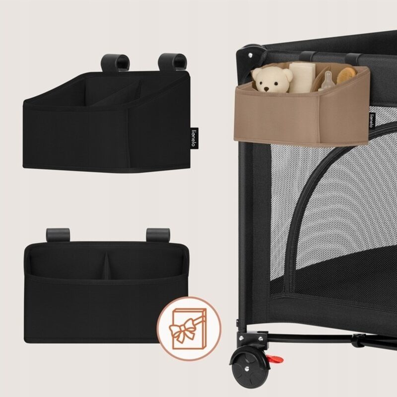 Lionelo Sidepocket Small — side view and close-up mounted on cot