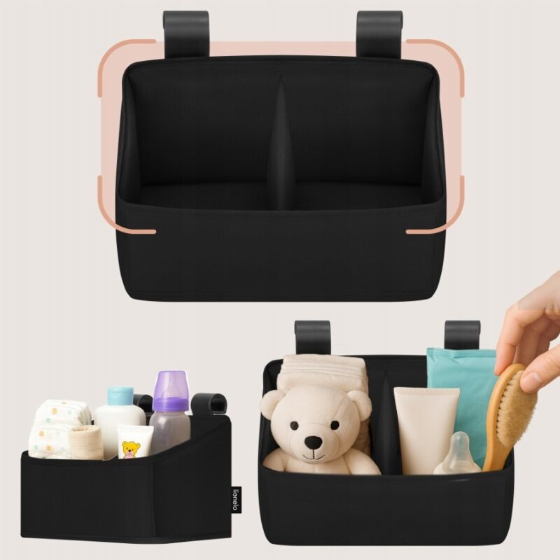 Lionelo Sidepocket Small — PP reinforcement and two compartments filled with baby accessories