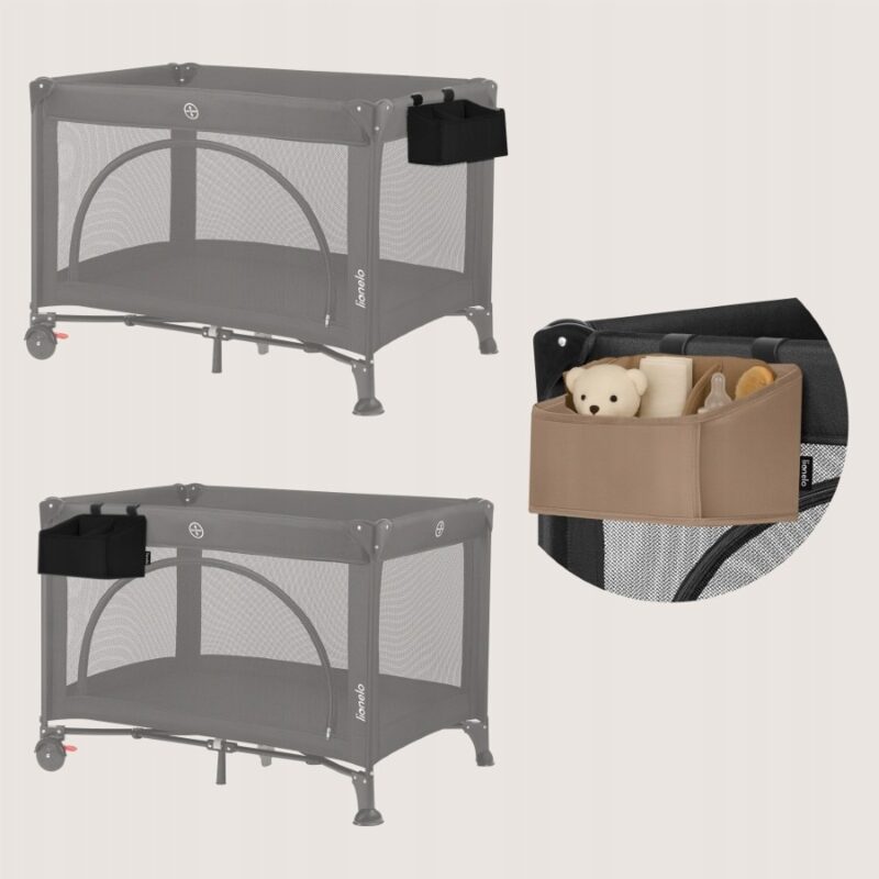 Lionelo Sidepocket Small mounted on a travel cot in two positions