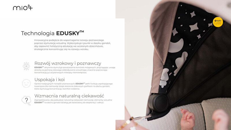 Technologia EDUSKY&trade; &mdash; wzór gwiazd i księżyca we wnętrzu budki wspierający rozwój wzrokowy, uspokajający i wzmacniający ciekawość dziecka