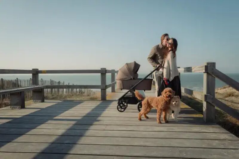 Rodzina z w&oacute;zkiem Venicci Upline na pla&zdot;y