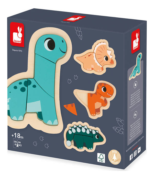 Janod - Gioco di Costruzione Cubikosaurus - 3 Dinosauri da Ricostruire - Giocattolo