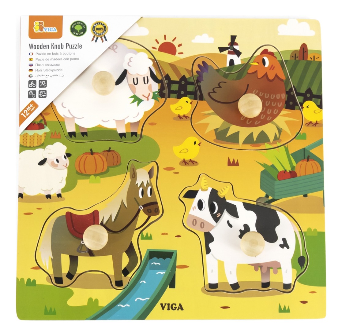 Viga Toys Holz-Formenpuzzle Bauernhoftiere – 18 Handgefertigte Klötze, Extra Groß Für Kinder